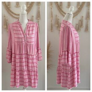 Fate Anthropologie pink gold stripe midi dress ruffle sleeve tiered spring large